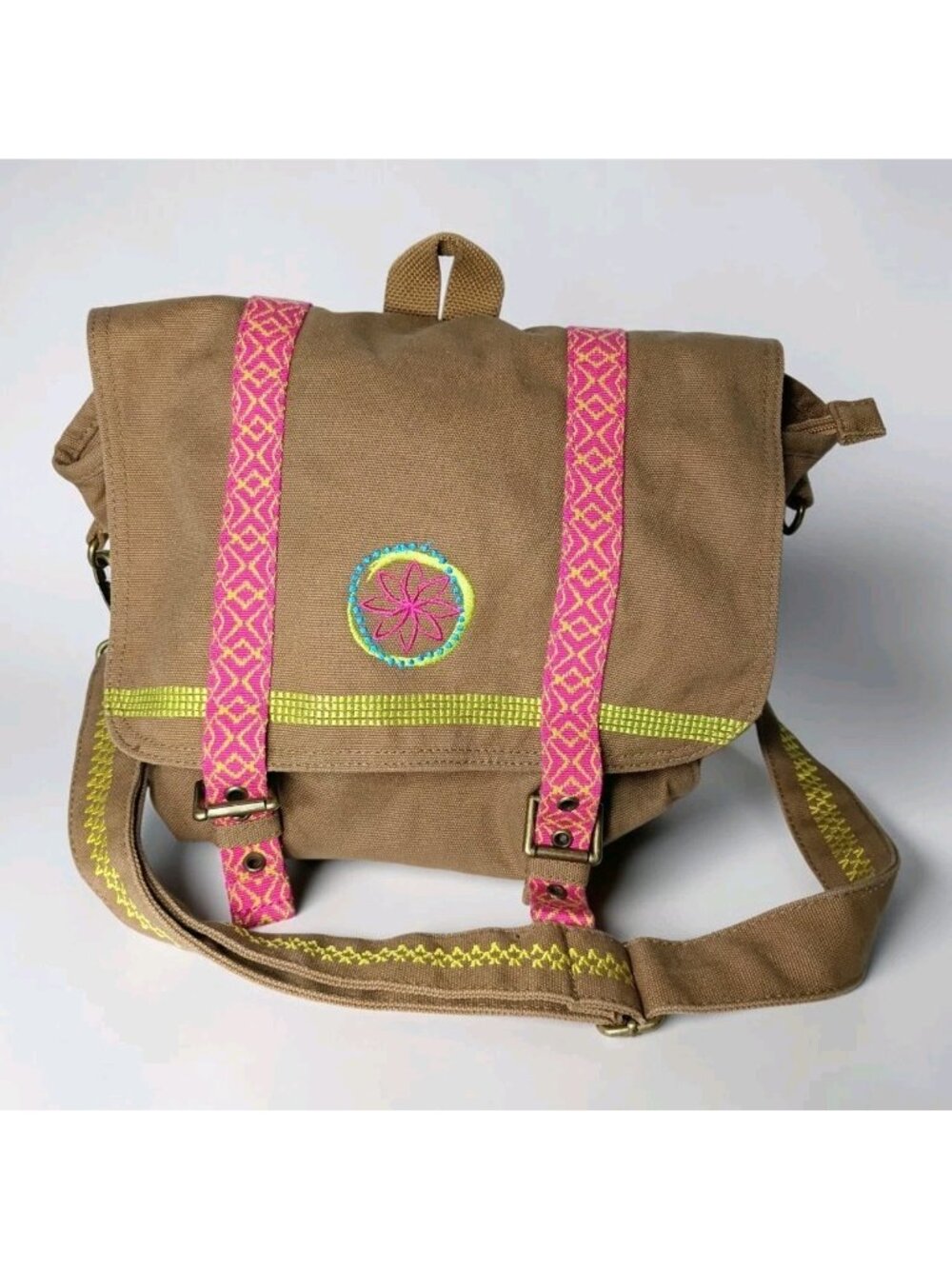 American Girl Youth Canvas Messenger Bag Backpack Embroidered Snap Closure Brown